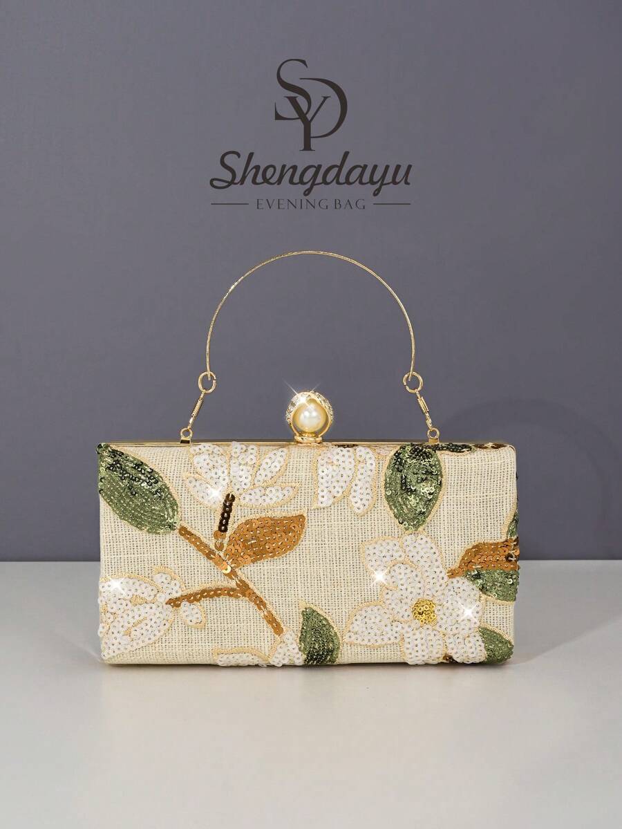 1件新款女士花卉手提包，时尚复古杏色亮片刺绣花朵链条晚宴包，迷你盒包，适合派对女孩、新娘、新婚夫妇和办公室女士参加派对、舞会、婚礼（图案随机），也适合工作、商务旅行、外出和通勤。 - 杏色 - 查看 1