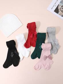 6 Pairs Girls' Simple Solid Color Tights, Cute Bow Decor, Versatile For Daily Wear, Suitable For All Seasons - Multicolor - View 5