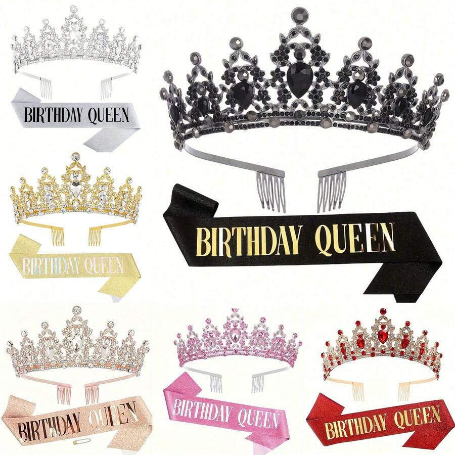 2pcs/Set Birthday Queen Sash And Crown, Women's Crystal Crown And Satin Set, Includes Rhinestone Crown, Comb And Shiny Hair Accessories, Suitable For Ball Party Decor, Cake Decor, With Pin - Multicolor - View 1