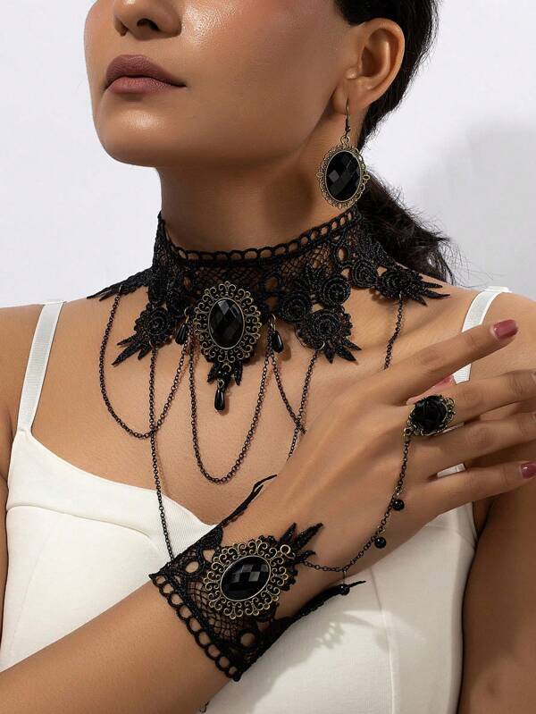 1 Set Vintage Gothic Style Necklace, Bracelet And Earrings, Sexy Lace Choker, Punk Street Fashion Jewelry Accessories Suitable For Daily And Party Wear