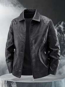 جاكيت جلدية رجالية كاجوال بياقة منقلبة، جاكيت جلدية للأعمال والخارج مصنوعة من جلد البولي يوريثان