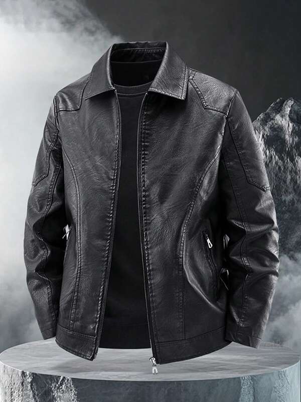 Męska kurtka z kołnierzem typu "turndown", skórzana kurtka biznesowa ze skóry PU, do noszenia na co dzień