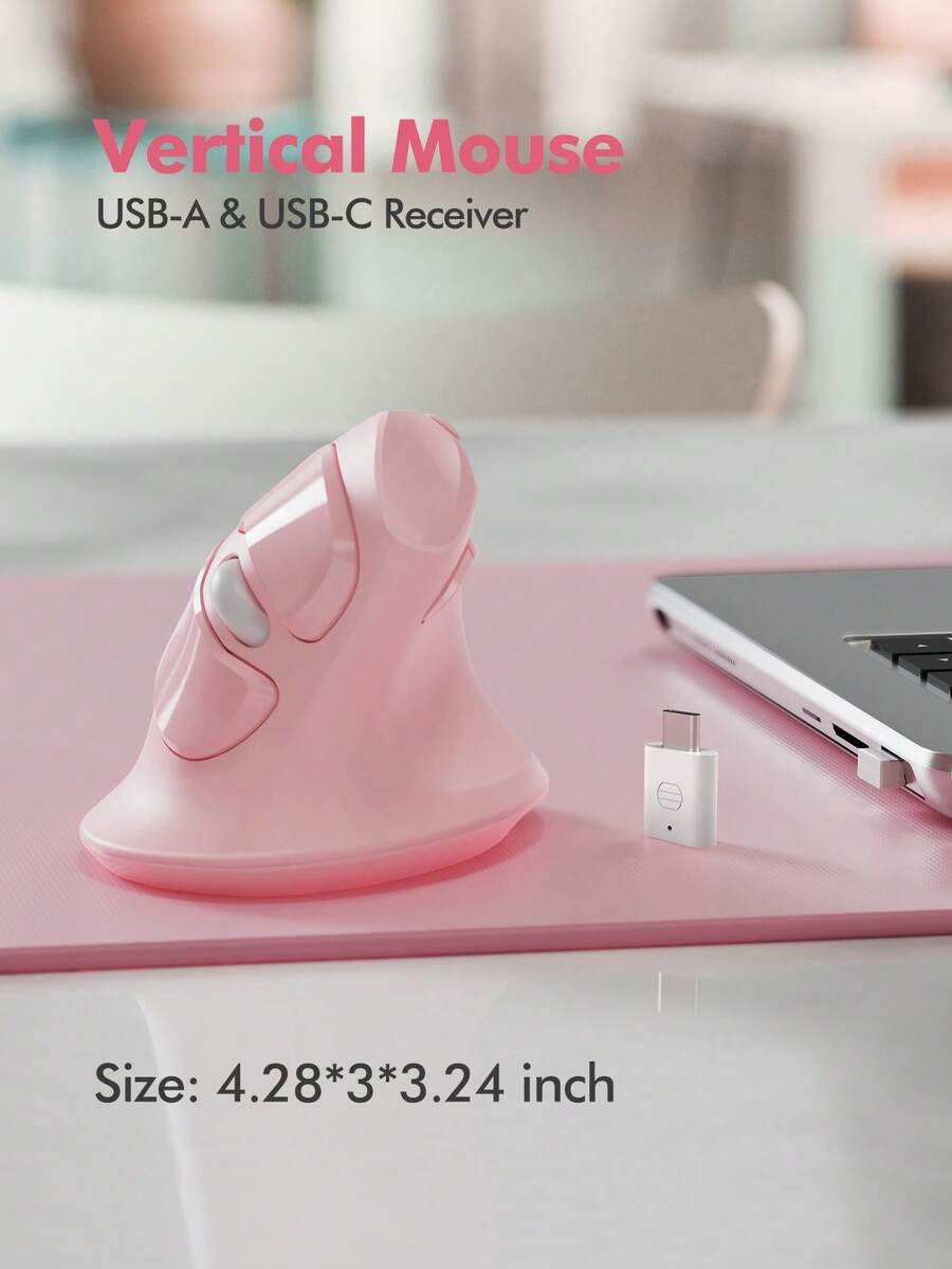 ماوس لاسلكي المستقبل المزدوج Usb & Type C ، ماوس لاسلكي رأسي بتصميم الراحة مكتبية وعصرية باللون الوردي