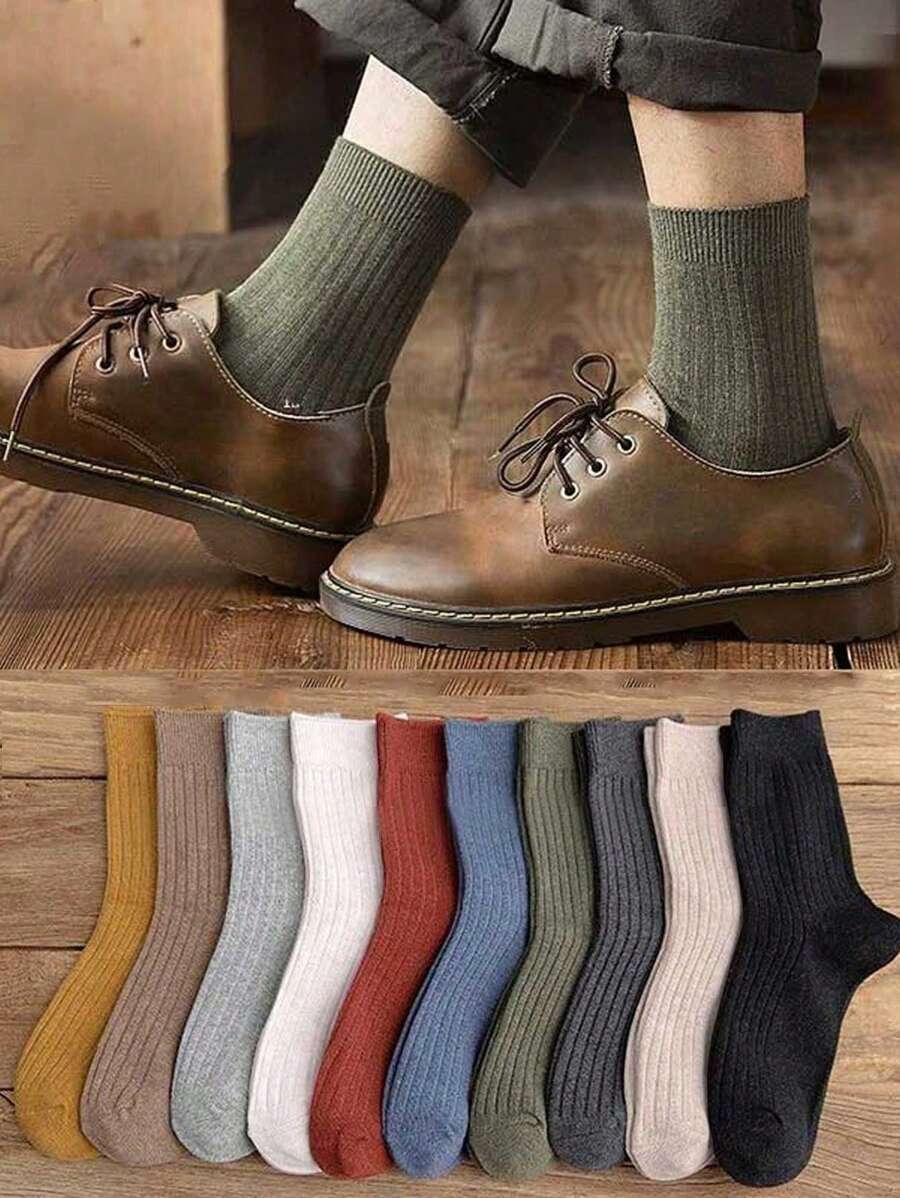 10 双男士罗纹中筒袜，情侣时尚百搭运动袜，休闲居家街头风格日常穿着袜，秋季袜子