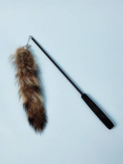 PETSIN 1pc Interactive Cat Teaser Wand With Silicone Handle, Retractable Fishing Rod Style Toy With Real Fox Fur Tail, Striped Pattern, Battery-Free