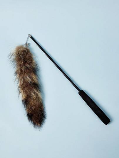 PETSIN 1 件带硅胶手柄的互动猫逗猫棒，可伸缩钓鱼竿式玩具，带真狐狸毛尾巴，条纹图案，无需电池