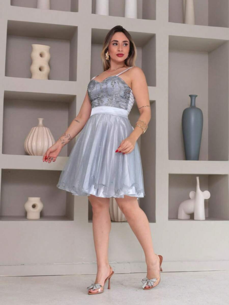 Short Party Dress With Shiny Lace Straps - Silver - View 1
