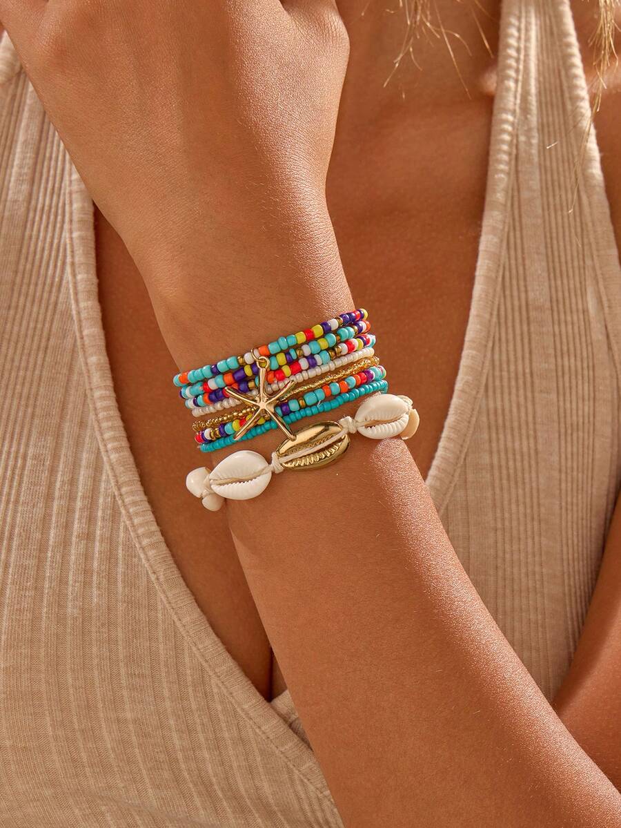 7 件/套女士热带海洋波西米亚风格玻璃珠、合金海星吊坠、贝壳装饰手链套装（CCB 珠子混装数量） - 彩色的 - 查看 1