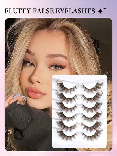 6 pares NUEVOS de pestañas postizas marrones 3D esponjosas y naturales, adecuadas para uso diario. Pestañas de ojo de gato naturales y largas con banda transparente, con extremos alados que alargan los ojos. Pestañas postizas de visón sintético para maquillaje