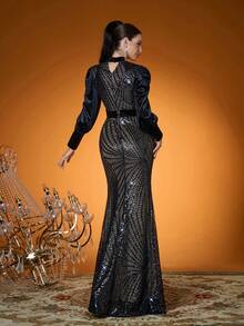 Lộng lẫy, Hàng mới về, Cổ cao, Đính sequin, Thanh lịch, Váy dạ hội, Thắt eo, Tay phồng, Ôm sát, Chân váy đuôi cá, Thích hợp cho tiệc tối, dự tiệc, váy dự đám cưới, váy dạ hội (Không định hình) - màu đen - Xem 2