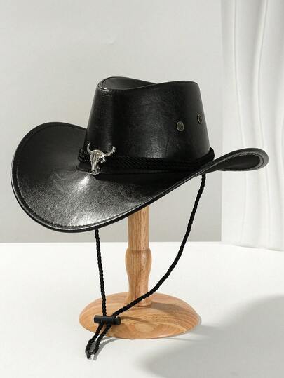 1pc Unisex Solid Color PU Leather Cowboy Hat, Unique 3D Metal Bull Decor Sun Protection Wide Brim Hat, New Vintage Cyberpunk Stylish Cool Novelty Punk Style Adjustable Cord, Street Fashion Looks, Gift For Men, Suitable For Parties, Western Themed Events, Gatherings, Cosplay, Graduation Ceremonies, Masquerade Balls, Festivals, Birthday Celebrations, Music Festivals, Hiking