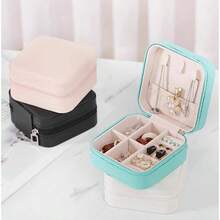 Mini And Portable! Solid Color PU Leather Jewelry Box, Very Convenient For Travel Storage Of Necklaces, Rings And Earrings, Dust-Proof Design To Protect Exquisite Accessories - 淺粉色 - 查看 3