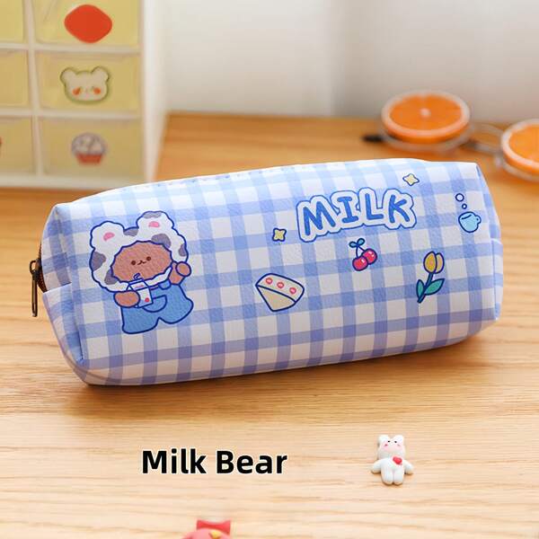 1pc Back To School Bear Plaid Pencil Case, Large Capacity Stationery Bag, Student Supplies For Girls