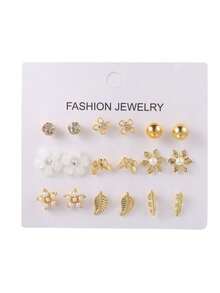 9件套简约创意珍珠和水钻几何叶子耳环 - 金黃色 - 查看 3