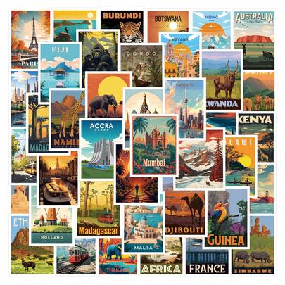 68pcs World Postcard Stickers, Made Of Durable PVC, With Clear Patterns And Bright Colors, Suitable For The Surfaces Of Laptops, Mobile Phones, Water Bottles, Etc. The High-Viscosity Design Ensures That The Stickers Are Firm And Not Easy To Fall Off