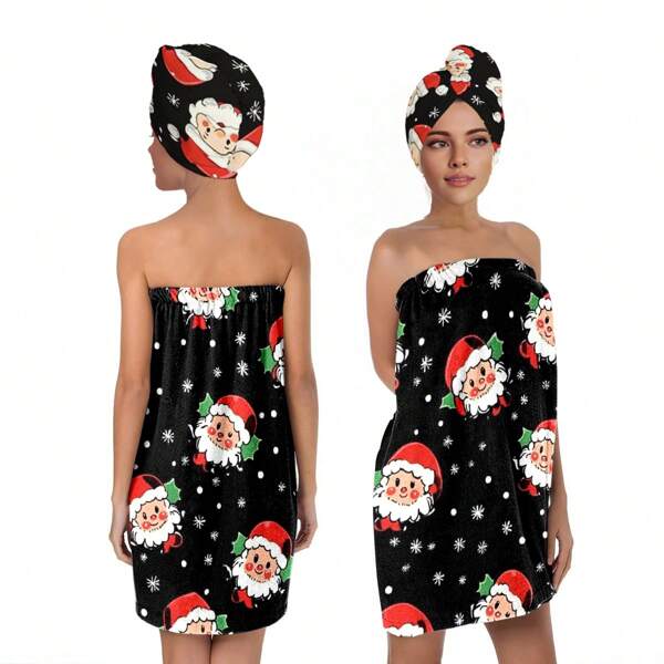 2pcs/Set Christmas Grid Women's Bath Skirt And Shower Cap Set , Cartoon Santa Claus Head,Christmas Tree Gift Print Super Soft Adjustable Ladies' Bathrobe - Multifunctional Wearable Towel Dress, Suitable For Shower, Spa, Sauna And Beach - Multiple Available