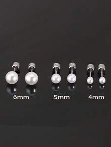 6 件百搭水钻不锈钢小珍珠锆石耳钉，适合女性日常佩戴（尺寸：4 毫米、5 毫米、6 毫米） - 銀色 - 查看 1