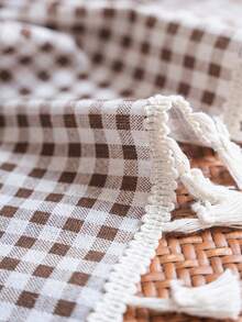 Bubaba 1pc Checkered Print Curtain, Simple & Fresh Cute Style Beige Tassel Blackout Curtain, Suitable For Children's Room, Dining Room, Hotel Bedroom, Holiday, Party, Bohemian