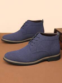 1 Pair Men's Suede Casual Business Versatile High-Top Lace-Up Leather Boots, New British Style Nubuck Soft Sole Boots, Suitable For Daily Wear - Blue - View 2
