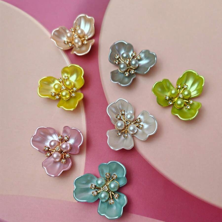 5pcs Faux Pearl Rhinestone Decoration Flower Design Hat Dress Decoration Buttons DIY Handmade Decoration Accessories - Color Mixing - View 1