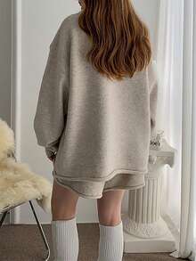 2件套针织卷边毛衣和宽松针织短裤套装，休闲 - 卡其色 - 查看 4