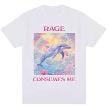 COOL SUMMER Rage Consumes Me Print T-Shirt Funny Dolphin Meme Aesthetic Fashion T Shirts Men Women Oversized Cotton Novelty Casual T Shirt - 白色 - 查看 1