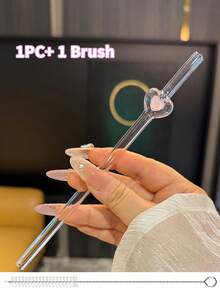 6pcs Cute Pink Heart-Shaped Glass Straws - Reusable Drinkware Set With Cleaning Brushes | Shatter-Resistant Milky Tea Smoothie Accessories, Perfect For Bachelorette Party & Bridal Engagement Decor Gift, Girlfriend Gift - Multicolor - View 12