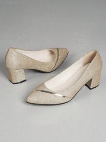 1 Pair Teens' Silver & Gold Glitter Pointed Toe Chunky Heel Slip-On Dress Pumps, Durable Outdoor Party High Heels