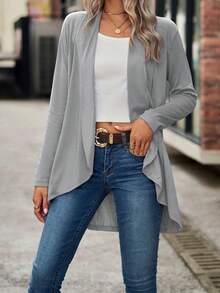 Women Long Sleeve Cardigan Open Front Solid Ladies Jacket Fall Tops For Casual Daily - Light Grey - View 4