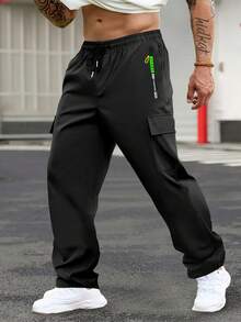 Hidkat Men'S Casual Cargo Pants With Drawstring Waist, Zippered Pockets - Lightweight Polyester Spring/Summer Trousers For Running, Training, And Outdoor Activities, Casual Outdoor Pants - màu đen - Xem 2