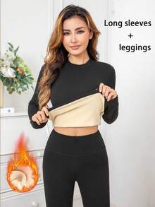 2pcs Women's Autumn/Winter Set, Thermal Lined Solid Color Stretchy Comfortable Long Sleeve Top And Pants - màu đen - Xem 1