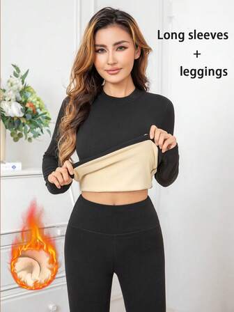 2 piezas Conjunto de mujer para otoño/invierno, parte superior de manga larga y pantalones de unicolor, con forro térmico, elásticos y cómodos