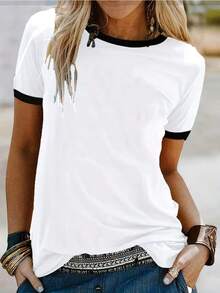 Women's Spring Summer Casual Solid Color Short Sleeved Round Neck T-Shirt - 黑與白 - 查看 3