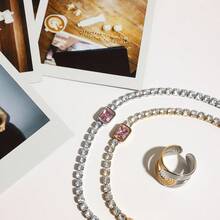 粉色方形锆石情侣手链手镯不锈钢高档珠宝新品独特奢华闪亮手链