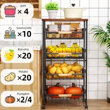5 Tier Rolling Storage Trolley On Wheels, Large Capacity Kitchen Trolley, Mobile Utility Trolley With Wooden Table Top And Mesh Basket, Bathroom, Laundry Room