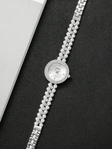 1 件女士珍珠和水钻装饰表带，配水钻表盘，优雅石英手链表，不含表盒 - 銀色 - 查看 6