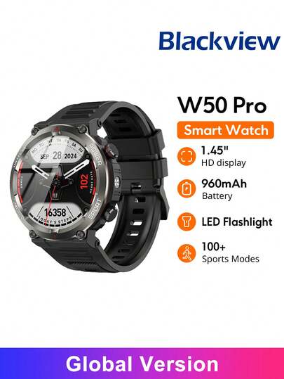  BLACKVIEW 智能手表 W50 Pro 全球版 1.45 英寸超清晰显示屏和最大 960mAh 电池 360*360 分辨率超亮 LED 手电筒 GoMore 睡眠跟踪算法支持 22 种语言高品质独立无线蓝牙通话兼容 IOS/Android