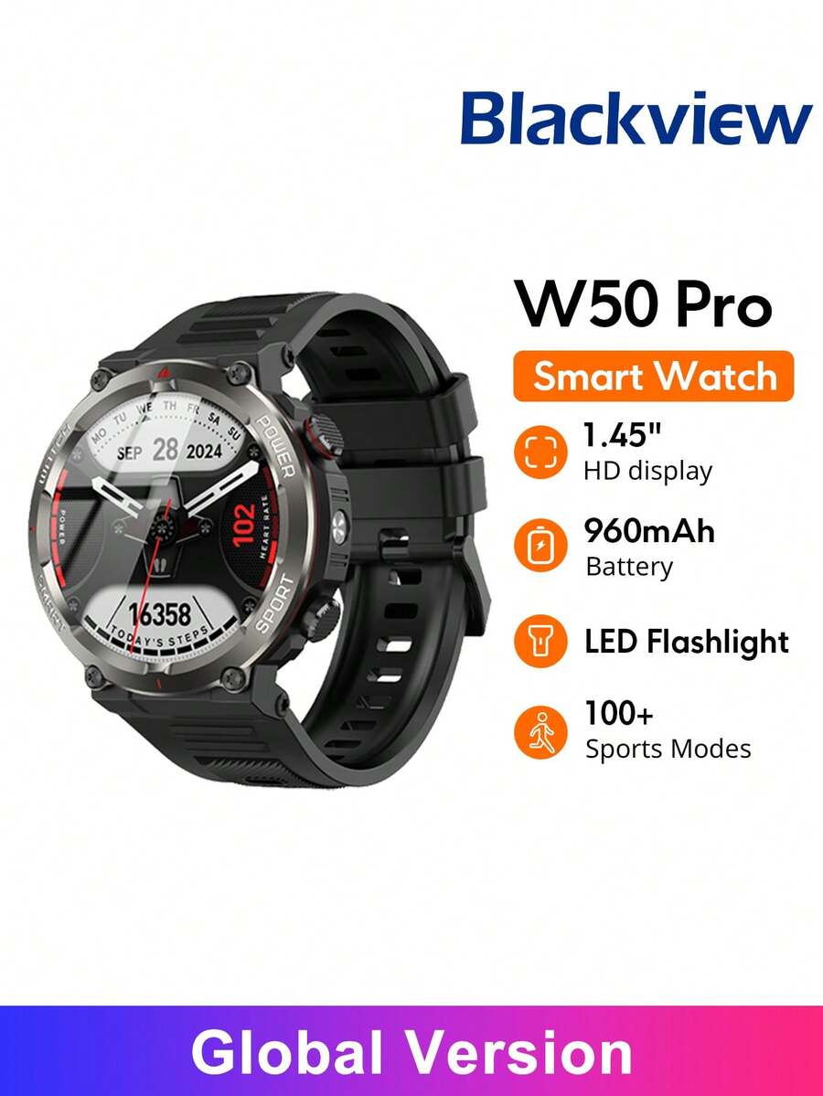 BLACKVIEW Smart Watch W50 Pro Global Version 1.45-Inch Super-Clear Display & Largest 960mAh Battery 360*360 Resolution Super-Bright LED Flashlight GoMore Sleep Tracking Algorithms Supports 22 Languages High-Quality Separate Wireless BT Calling Compatible With IOS/Android - Black - View 1