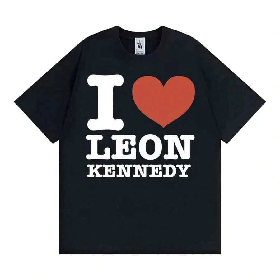 I Heart Leon Kennedy Graphic T Shirts Men Women Harajuku Vintage Gothic T Shirt Male Oversized Cotton High Quality T-Shirt Tops - 黑色 - 查看 1