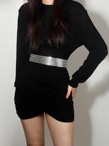 1 件女士简约优雅纯色金色金属双扣松紧腰带，百搭连衣裙、衬衫、夹克秋季、万圣节