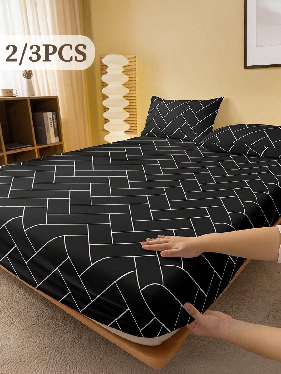 2/3 Pcs Printed Bed Sheets Set, Bedding, Bed Sheet Set, Halloween Decor, Fall Decor, Soft And Comfortable Bedding, Room Decor, Skin-Friendly Bed Cover Set, Mattress Protector For Bedroom, For All Season, Fits Twin Full King Queen Size Bed, 1 Fitted Sheet And 1/2 Pillowcases, Machine Washable - Lưới đen trắng - Xem 1