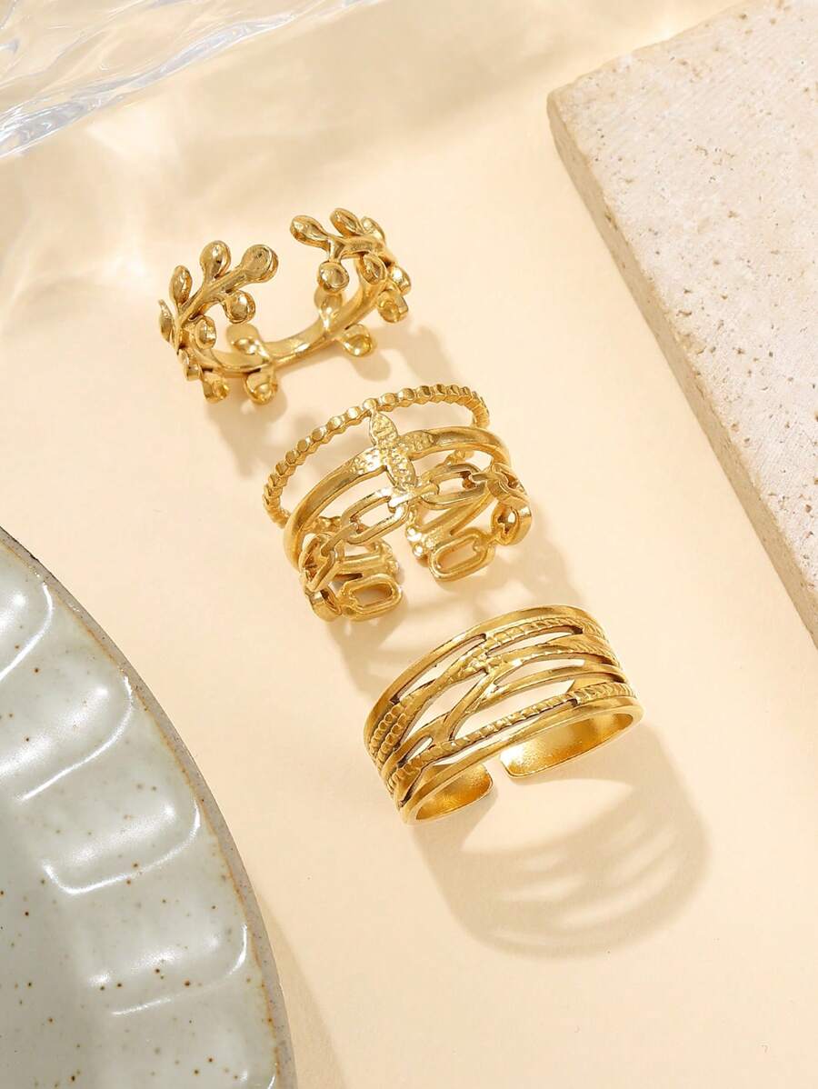 3pcs Stainless Steel Gold-Tone Multi-Layer Leaf Shaped Ring Set, Exaggerated Fashion, Suitable For Women's Daily Decoration Or Gift