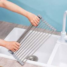 Multifunctional Kitchen Sink Dish Drainer Rack With Dish Drying Mat, Foldable Stainless Steel Dish Drain Roll Up Rack - Multicolor - View 6