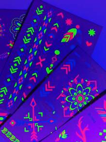 16 Pieces Tattoo Stickers, Neon UV Fluorescent Tattoo Stickers For Bar, KTV, Nightclub, Party Makeup And Dance, Waterproof Flower And Stickers, Body Art Decoration, Mandala, Butterfly And Geometric Patterns, Suitable For Carnival Parties. - Multicolor - View 7