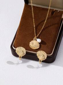 3 件时尚海滩风格金色金属贝壳吊坠项链、耳环首饰套装，适合女士 - 金黃色 - 查看 3