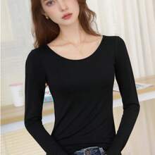 DG XUNLIN MODA New 2025 Women's Comfortable Long-Sleeved T-Shirt With A Wide Collar, Black And Purple, And A Rose Red Collar In One Word. - 黑色 - 查看 1