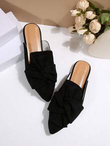 Giày Mule da lộn màu đen, giày lười mũi nhọn có nơ bản lớn, giày bệt hở lưng thanh lịch đa năng dành cho nữ, mùa xuân/thu - màu đen - Xem 6