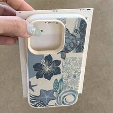 1 pieza Funda de teléfono con patrón de tortuga marina de ola floral elegante de material TPU azul, compatible con iPhone/teléfonos, versión internacional, no la versión nacional - Blanco - Ver 4