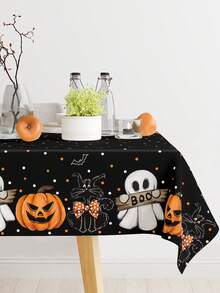 1pc Black Halloween Theme Decorative Tablecloth, Ghost Pumpkin Black Cat Pattern PE Material Halloween Tablecloth, Happy Halloween Decorative Tablecloth, Halloween Cabinet Decoration Cover, Dining Table Centerpiece Decoration Tablecloth Set, Halloween Event Decoration Table Runner, Outdoor Party Disposable Tablecloth - Halloween Pumpkin Ghost Black Background - View 2