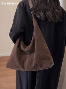 Bolso de hombro casual de gran capacidad de terciopelo retro, bolso de mano de patchwork y bloques de color, elegante y versátil bolso de viaje para mujeres